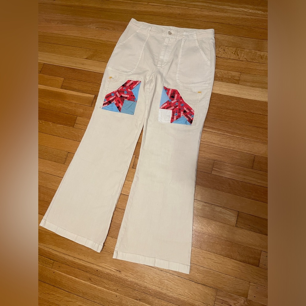 White Pants with Red and Blue Patchwork